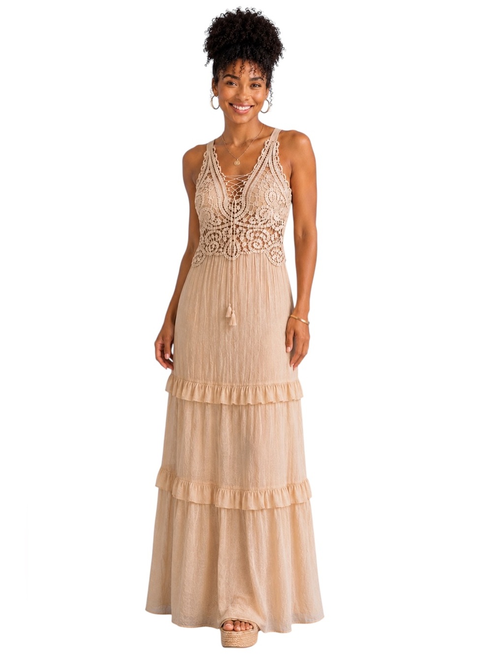 J GEE Crochet Lace Maxi Dress Boho Resort Natural Women’s Size Large NWT